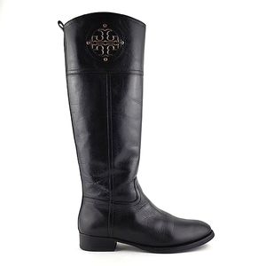 Tory Burch Kiernan Tall Black Leather Riding Boot Gold Logo Side Zipper Sz 7.5M